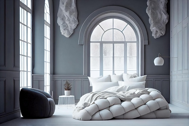 Photo bright bedroom interior with large windows generative ai generative ai