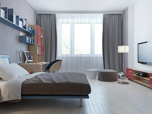 Bright bedroom minimalist style with single bed for children. 