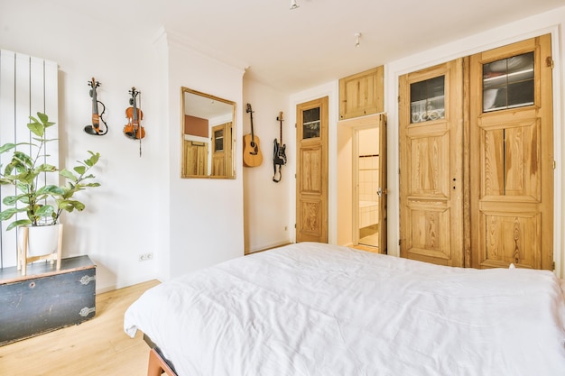 Bright bedroom with wooden