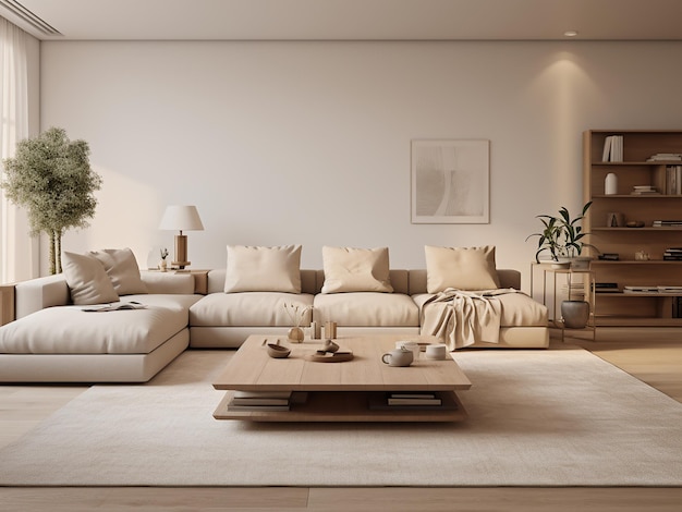 Bright beige living room interior with a relaxed feel AI Generative