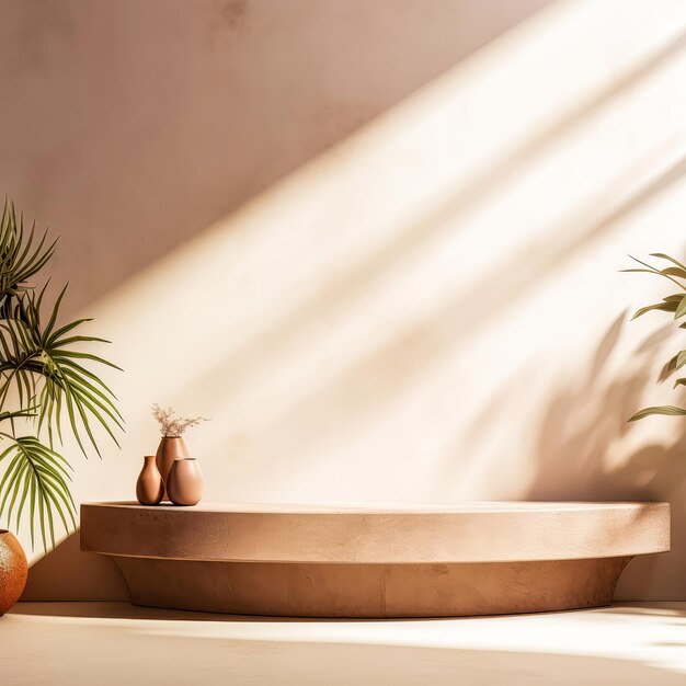 Bright beige room mockup with palm leaves