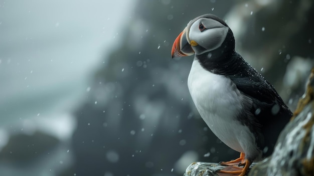 The bright bill of a puffin rocky cliffs softly out of focus