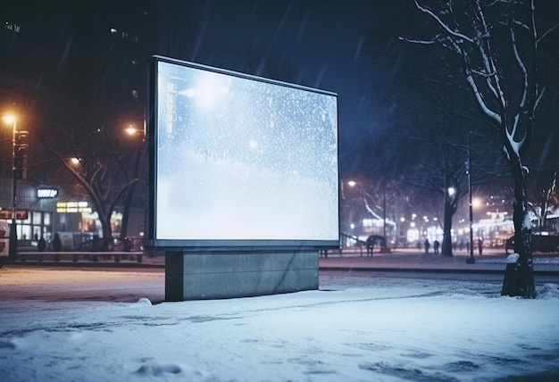 Яркая рамка рекламного щита, расположенная в зимнем ночном городском пейзаже, открытое полотно, творчество и продвижение