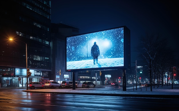 겨울 밤 도시 풍경에 위치한 밝은 광고판 프레임 개방 캔버스 창의성과 홍보