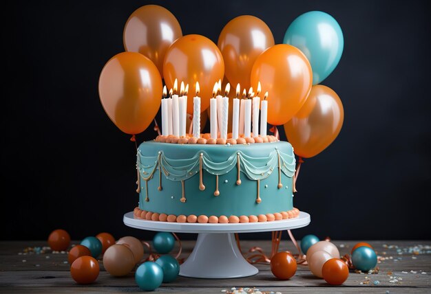 Bright birthday celebration cake balloons and gifts