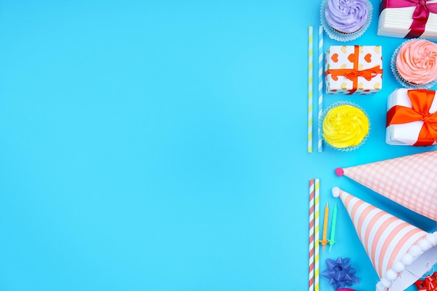 Bright birthday decor on color background