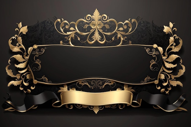 Photo bright black banner with luxurious gold ornaments and large empty place for your text and logo