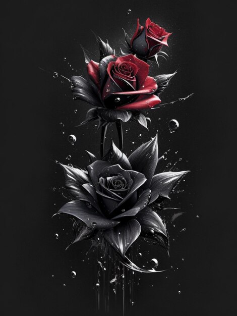 Bright black star rose flower splash art tshirt design aesthetic very detailed