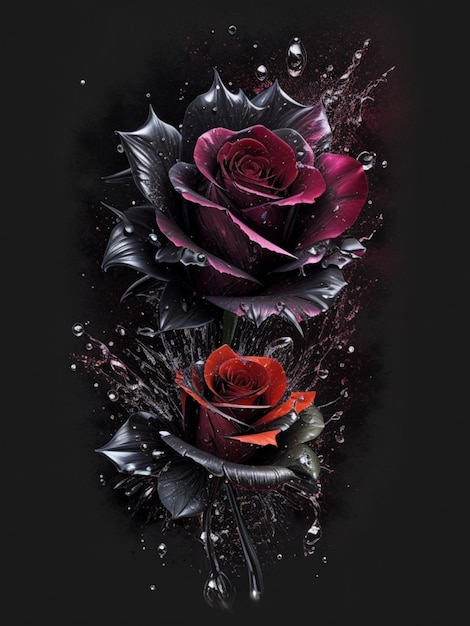 明るい黒い星バラの花のスプラッシュ アート t シャツのデザイン美的非常に詳細
