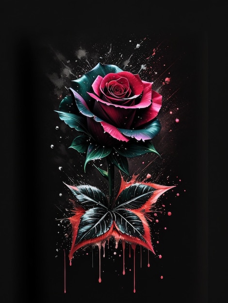 Photo bright black star rose flower splash art tshirt design aesthetic