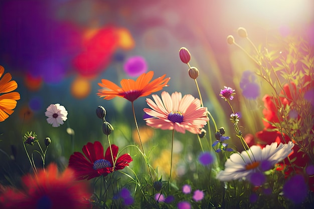 Bright blooming flowers in sunny flower meadow in spring created with generative ai