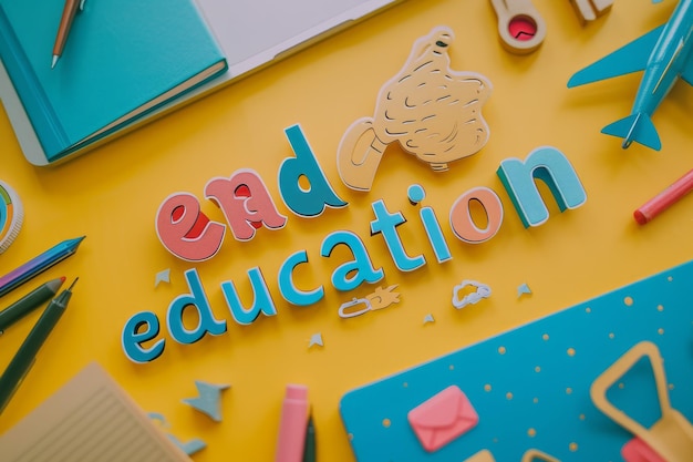 Photo the bright blue background serves as a canvas for colorful stationery textbooks and the word education written in bold yellow letters