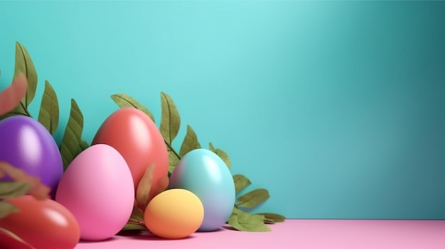 Bright blue background with copy space easter day concept colorful egg decoration generative ai