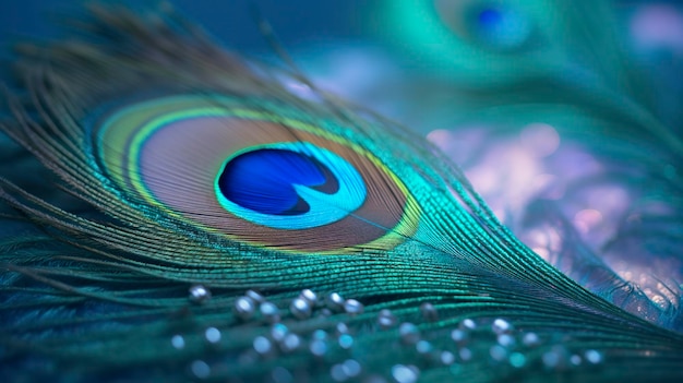 A bright blue background with one peacock feather in the style of soft and dreamy pastels glimmering light effects natureinspired imagery generat ai