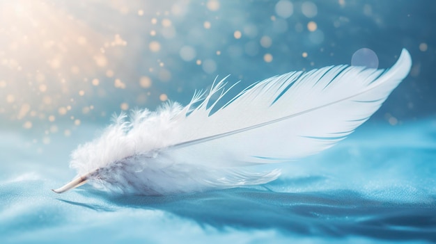 A bright blue background with one white feather in the style of soft and dreamy pastels glimmering light effects nature inspired imagery fairycore soft focal points generate ai