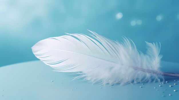 A bright blue background with one white feather in the style of soft and dreamy pastels glimmering light effects nature inspired imagery fairycore soft focal points generate ai