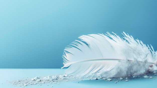 Photo a bright blue background with one white feather in the style of soft and dreamy pastels glimmering light effects nature inspired imagery fairycore soft focal points generate ai