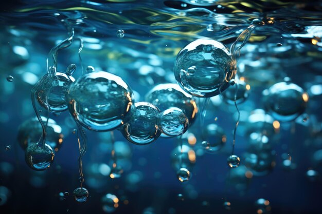 Bright blue bubbles in motion of blurred underwater generated by AI generative IA