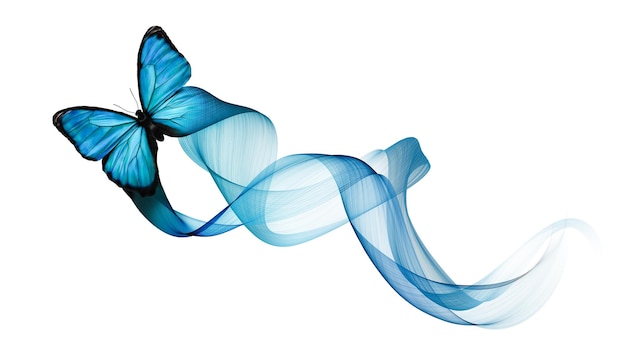 밝은 파란색 나비가 공중에 파도와 함께 날아갑니다.
