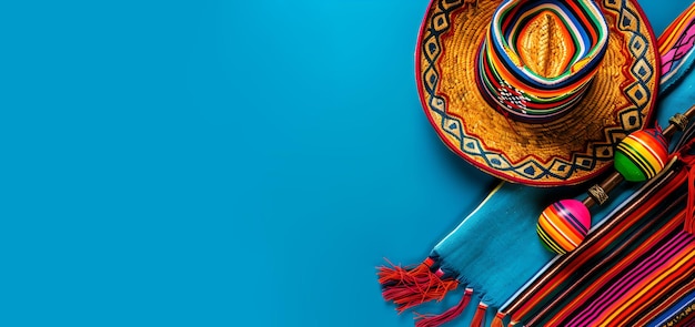 Bright blue Cinco de Mayo background with Mexican sombrero hat and maracas