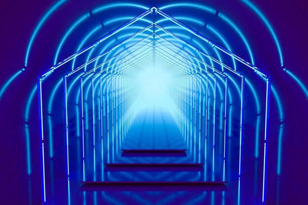 Bright blue color podium portal with neon lights