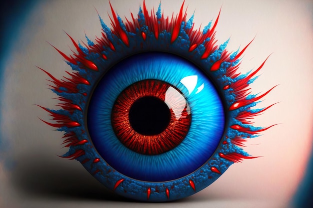 Bright blue evil eye with red rim and eyelashes