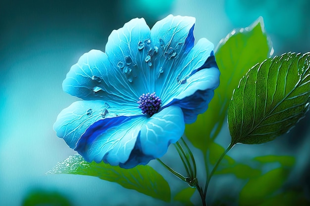 Bright blue flower with green leaves on light blue blurred background created with generative ai