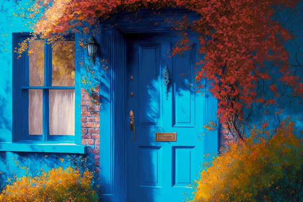 Bright blue front door of house with autumn bushes growing nearby