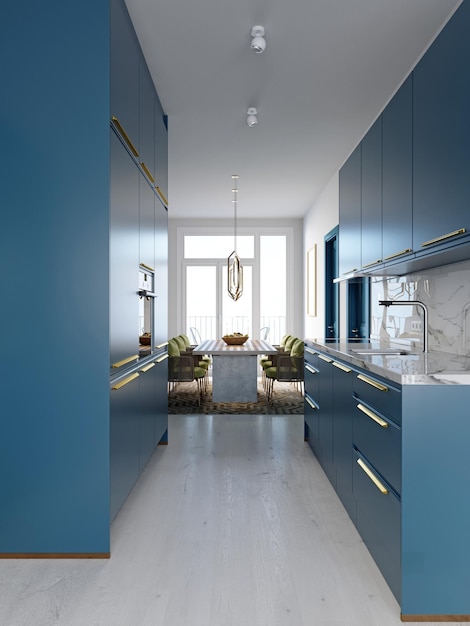 Bright blue kitchen furniture against a white wall with a living and dining room