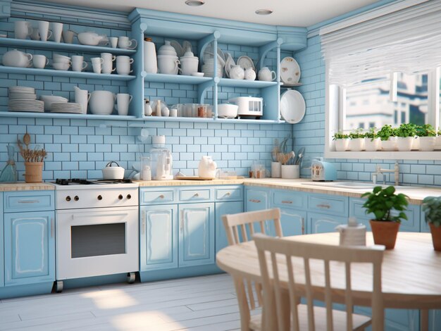 Bright blue kitchen with a fresh vibe AI Generated