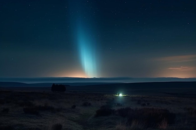 A bright blue light is shining over a field with a light shining on it.