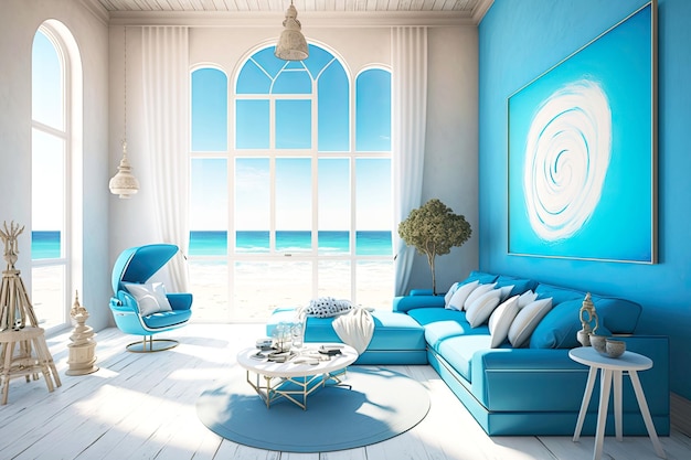 Ярко-голубая гостиная с большими окнами в интерьере виллы на берегу моря