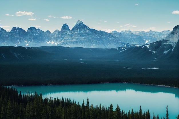 Bright blue mountain lake with coniferous trees growing along shores