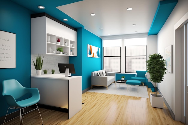 A bright blue office with a white desk and blue chair.