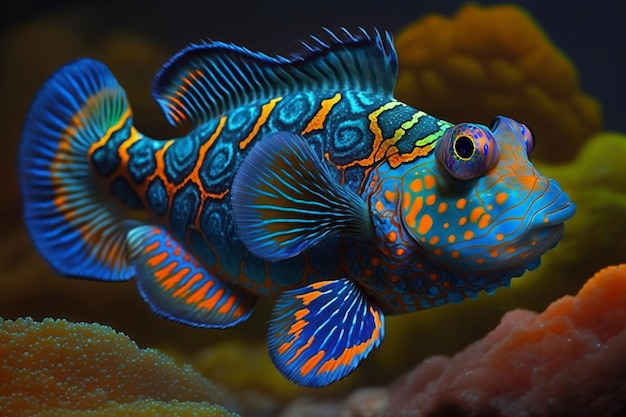 Ярко-сине-оранжевая рыба с сине-оранжевым хвостом.
