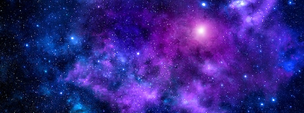 A bright blue purple cosmic nebula with stardust and shining stars