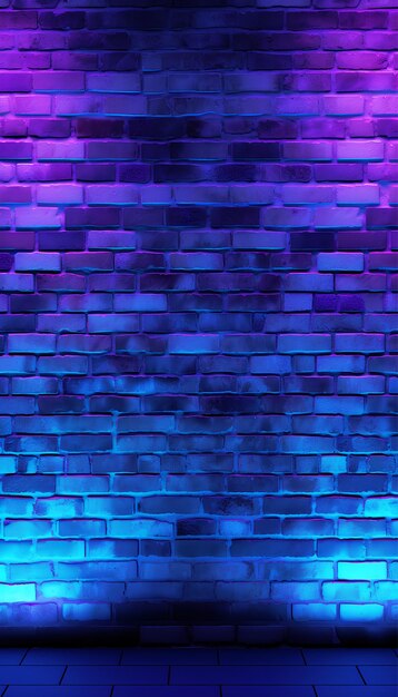 Foto animazione di sfarfallio di luce al neon blu e viola brillante con sfondo di muro di mattoni ai generato