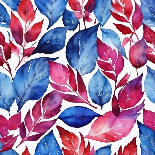 Bright blue red pink leaves seamless pattern