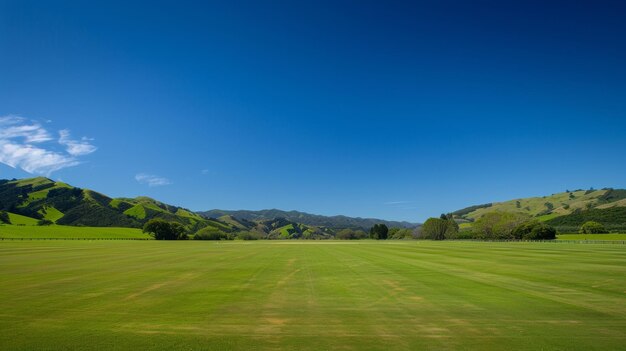 A bright blue sky above a pristine cricket ground surrounded by rolling hills