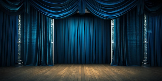 Bright blue stage curtains theater drapes and wooden stage flor