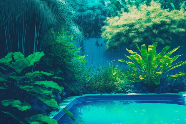 Bright blue swimming pool in backyard among green aromatic plants