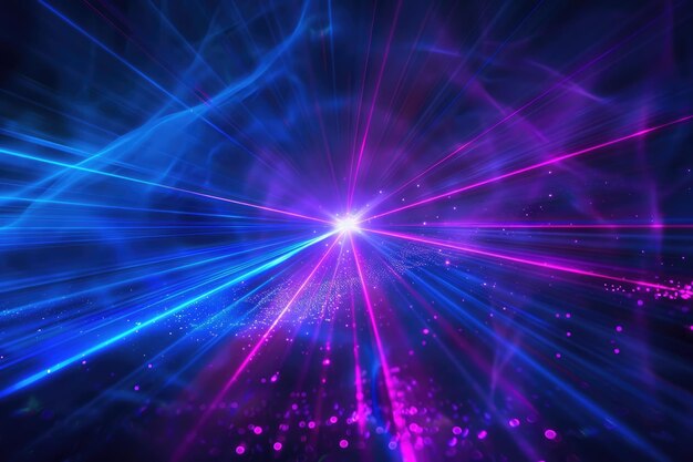 Bright blue and violet laser beams on black background