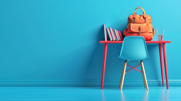 Bright blue wall in a modern minimalist office setup with a stylish red desk and chair Trendy workspace design for creative work AI