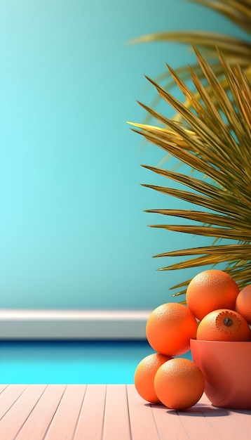 A bright blue wall with oranges and palm tree