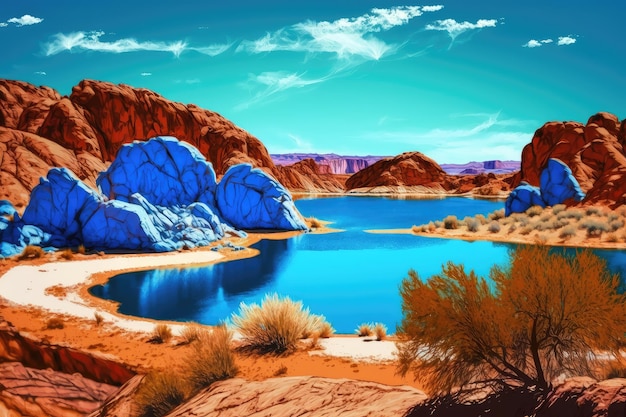 Bright blue white mountain lake in the desert against background of red rocks