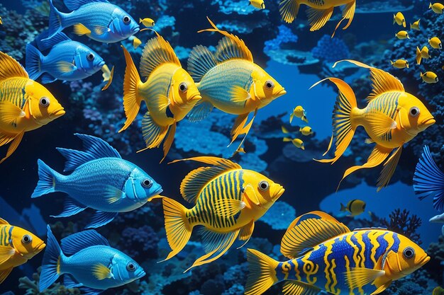 Photo bright blue and yellow tropical fish on a blue background