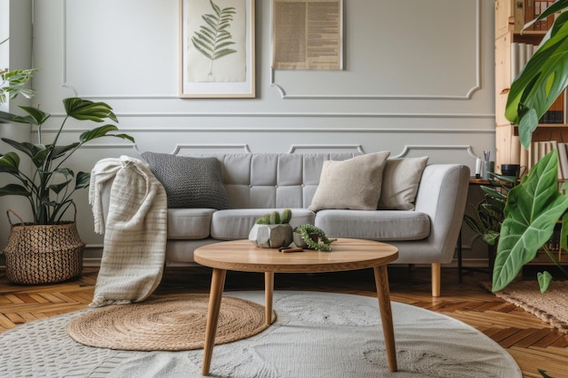 Bright Boho round coffee table on Concrete sofa in modern french Zen Spaces