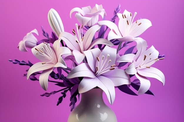 Photo bright bouquet of purple flowers and white lilies on a purplepink background 3d illustration