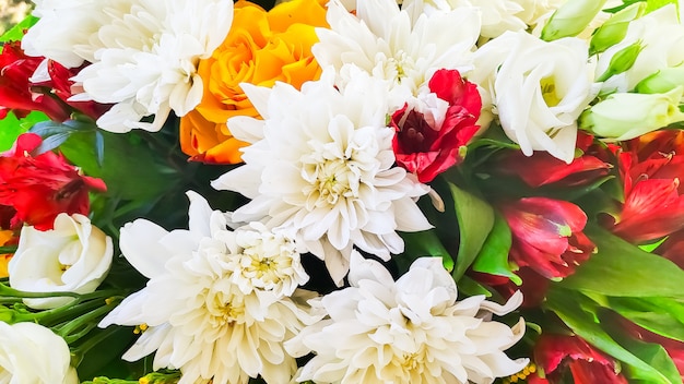 Bright bouquet shot from above. Gift for event. Celebration concept.Floral background.