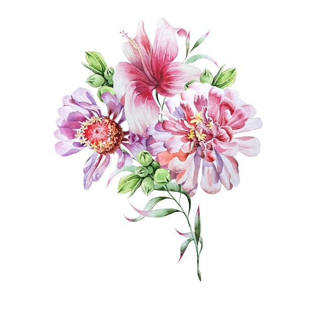 Bright bouquet with flowers peony and hibiscus. Watercolor illustration. Hand drawn.